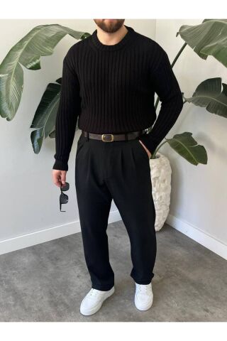 Erkek Oversize Hafifi Bol Triko Kendinden Çizgili Bisiklet Yaka Örme Triko Kazak Siyah - S