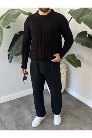 Erkek Oversize Hafifi Bol Triko Kendinden Çizgili Bisiklet Yaka Örme Triko Kazak Siyah - S