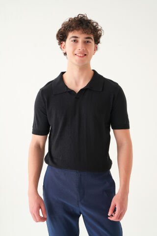 Regular Fit Polo Yaka T-shirt | Triko Casual Erkek Si̇yah - XL