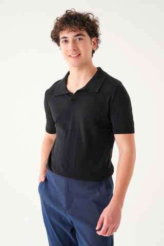 Regular Fit Polo Yaka T-shirt | Triko Casual Erkek Si̇yah - XL