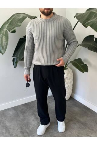 Erkek Oversize Hafifi Bol Triko Kendinden Çizgili Bisiklet Yaka Örme Triko Kazak Gri - 2XL