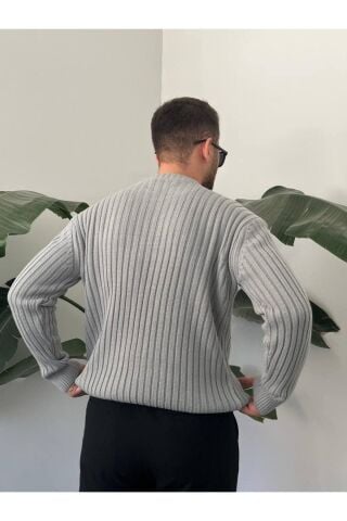 Erkek Oversize Hafifi Bol Triko Kendinden Çizgili Bisiklet Yaka Örme Triko Kazak Gri - M