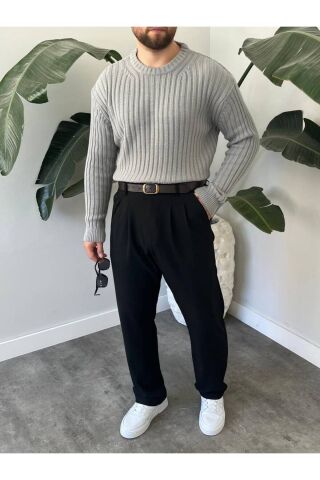 Erkek Oversize Hafifi Bol Triko Kendinden Çizgili Bisiklet Yaka Örme Triko Kazak Gri - M
