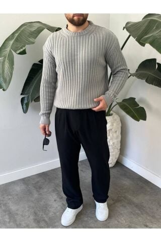 Erkek Oversize Hafifi Bol Triko Kendinden Çizgili Bisiklet Yaka Örme Triko Kazak Gri - M