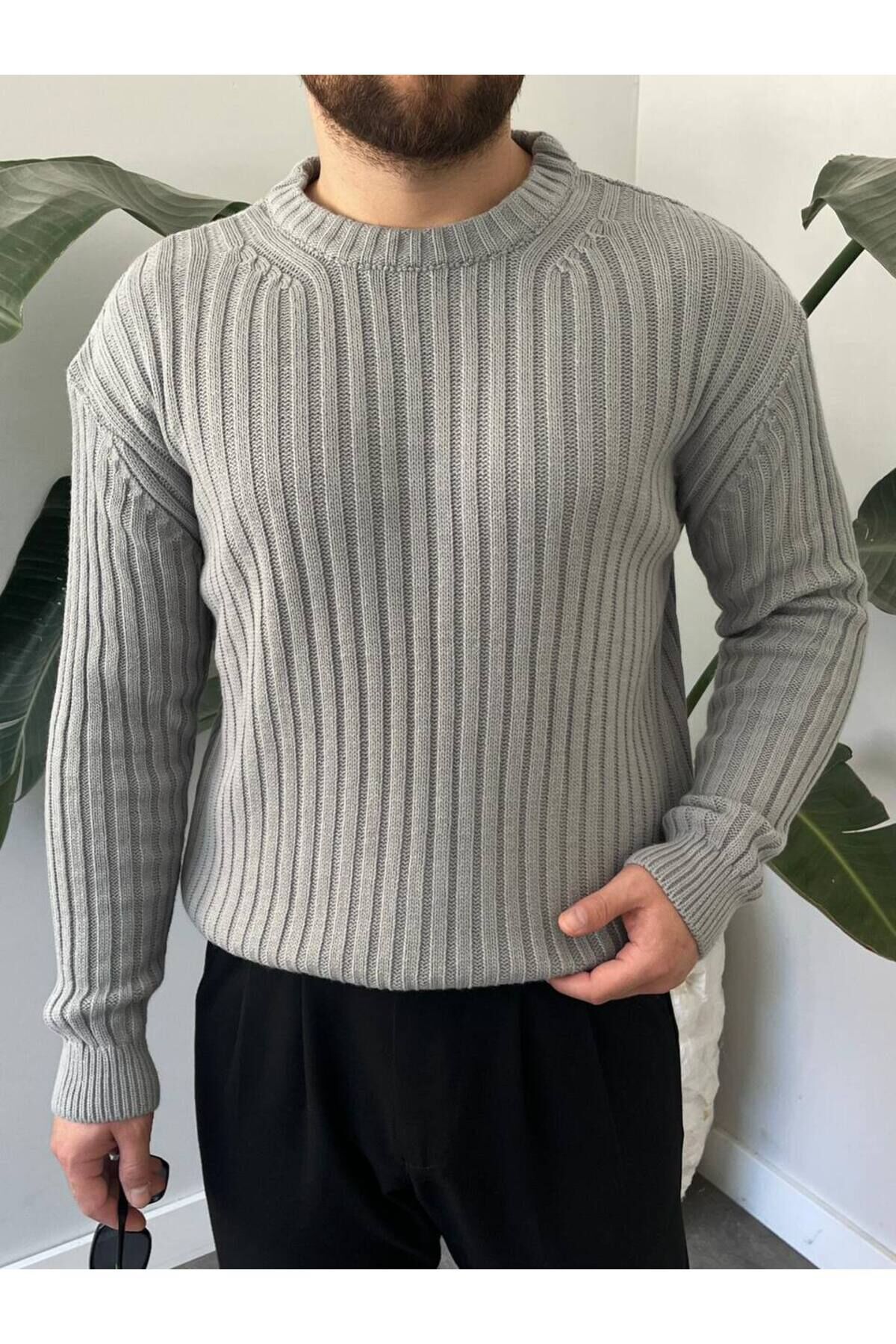 Erkek Oversize Hafifi Bol Triko Kendinden Çizgili Bisiklet Yaka Örme Triko Kazak Gri - M