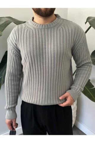 Erkek Oversize Hafifi Bol Triko Kendinden Çizgili Bisiklet Yaka Örme Triko Kazak Gri - M