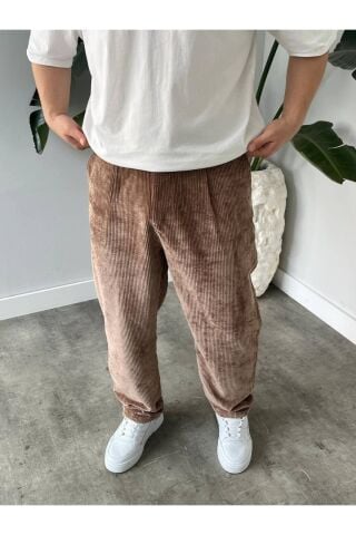 Erkek Yüksek Bel Baggy Kadife Fitilli Pantolon Kahverengi - L