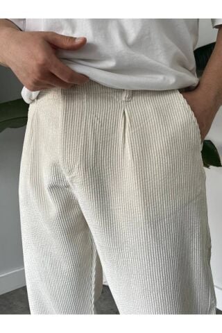 Erkek Yüksek Bel Baggy Kadife Fitilli Pantolon Krem - S