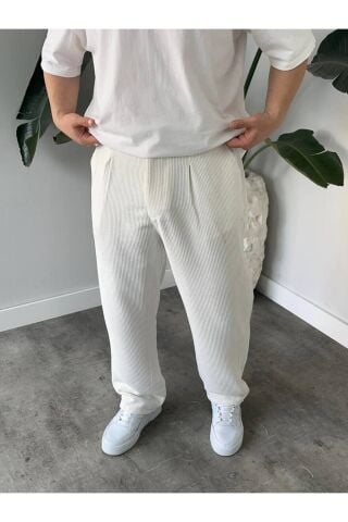 Erkek Yüksek Bel Baggy Kadife Fitilli Pantolon Beyaz - 2XL
