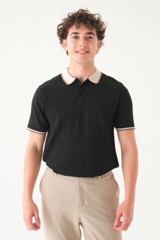 Regular Fit Polo Yaka T-shirt | Triko Farklı Yaka Casual Erkek Si̇yah - XL