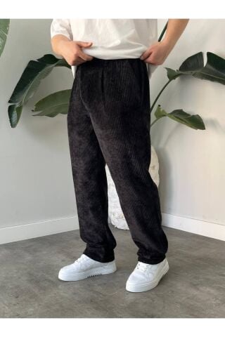 Erkek Yüksek Bel Baggy Kadife Fitilli Pantolon Siyah - 2XL