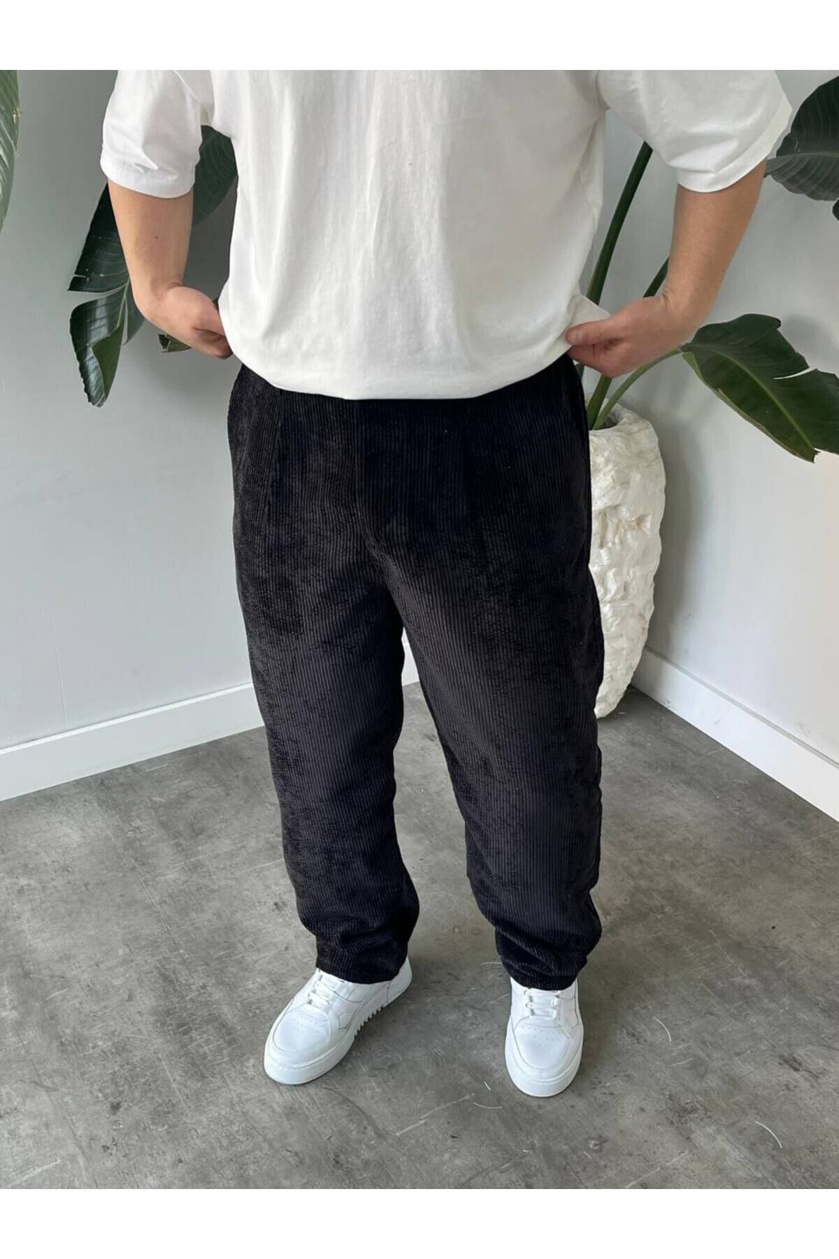 Erkek Yüksek Bel Baggy Kadife Fitilli Pantolon Siyah - 2XL