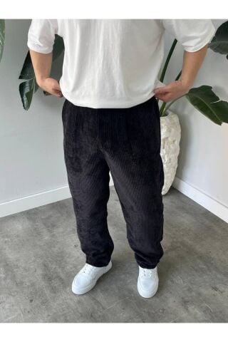 Erkek Yüksek Bel Baggy Kadife Fitilli Pantolon Siyah - S