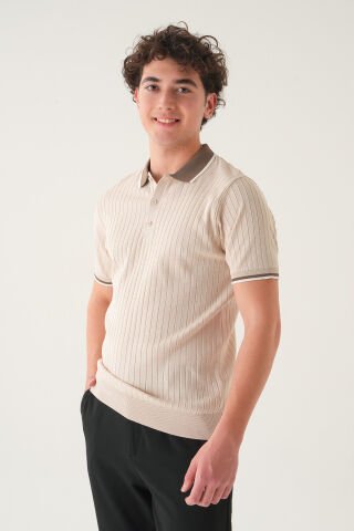 Regular Fit Polo Yaka T-shirt | Triko Farklı Yaka Casual Erkek Krem - M