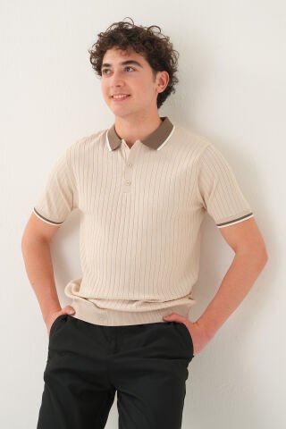Regular Fit Polo Yaka T-shirt | Triko Farklı Yaka Casual Erkek Krem - M