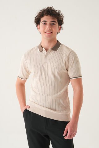 Regular Fit Polo Yaka T-shirt | Triko Farklı Yaka Casual Erkek Krem - L