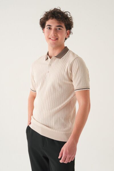 Regular Fit Polo Yaka T-shirt | Triko Farklı Yaka Casual Erkek Krem - XL
