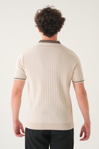Regular Fit Polo Yaka T-shirt | Triko Farklı Yaka Casual Erkek Krem - XL