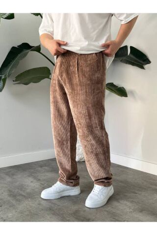 Erkek Yüksek Bel Baggy Kadife Fitilli Pantolon Lacivert - XL