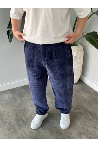 Erkek Yüksek Bel Baggy Kadife Fitilli Pantolon Lacivert - XL