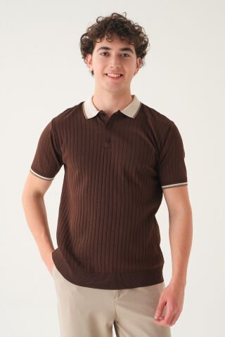 Regular Fit Polo Yaka T-shirt | Triko Farklı Yaka Casual Erkek Kahverengi̇ - S