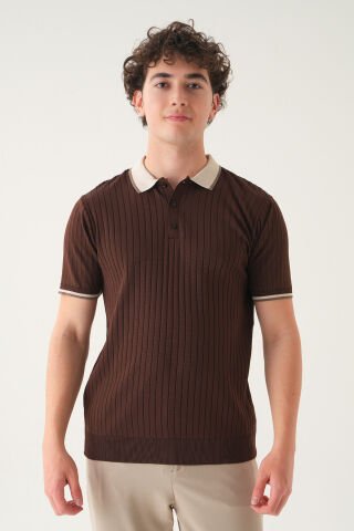 Regular Fit Polo Yaka T-shirt | Triko Farklı Yaka Casual Erkek Kahverengi̇ - S