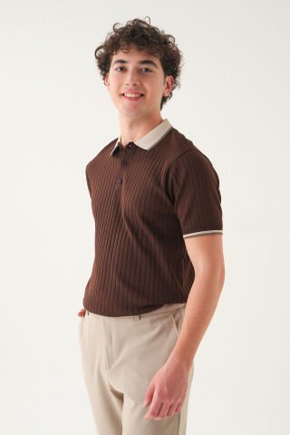 Regular Fit Polo Yaka T-shirt | Triko Farklı Yaka Casual Erkek Kahverengi̇ - M