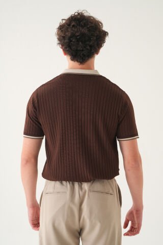 Regular Fit Polo Yaka T-shirt | Triko Farklı Yaka Casual Erkek Kahverengi̇ - L