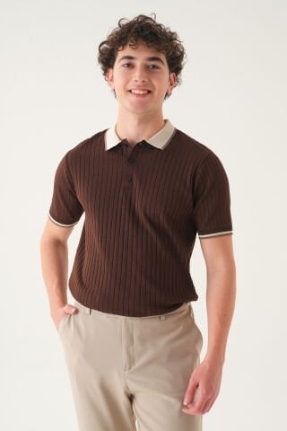 Regular Fit Polo Yaka T-shirt | Triko Farklı Yaka Casual Erkek Kahverengi̇ - XL