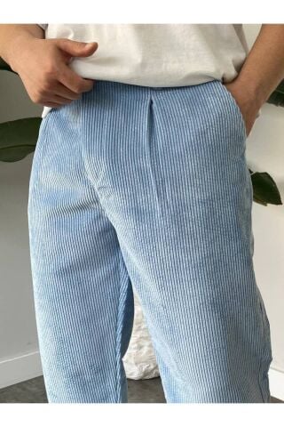 Erkek Yüksek Bel Baggy Kadife Fitilli Pantolon Bebe Mavi - 2XL
