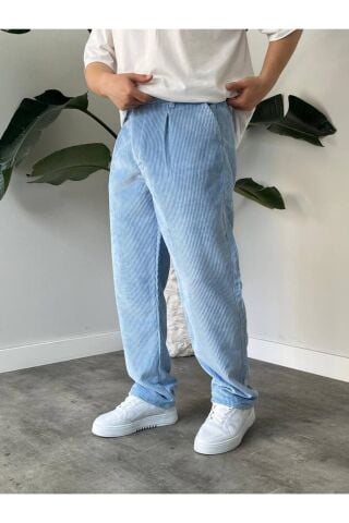 Erkek Yüksek Bel Baggy Kadife Fitilli Pantolon Bebe Mavi - 2XL