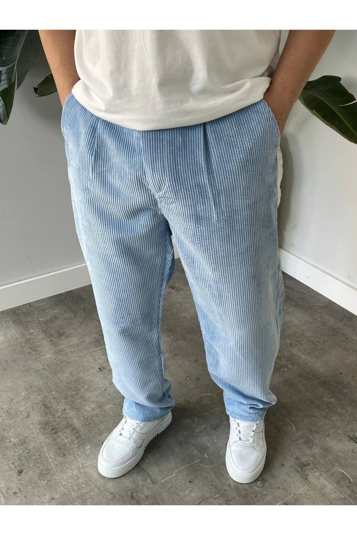Erkek Yüksek Bel Baggy Kadife Fitilli Pantolon Bebe Mavi - 2XL