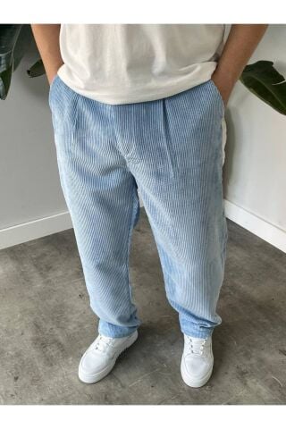 Erkek Yüksek Bel Baggy Kadife Fitilli Pantolon Bebe Mavi - 2XL