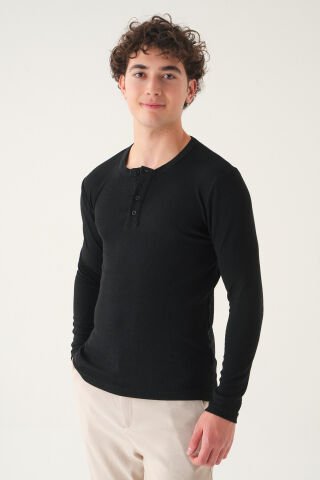Regular Fit Penye T-shirt | Uzun Kollu Linen Kumaş Erkek Si̇yah - S