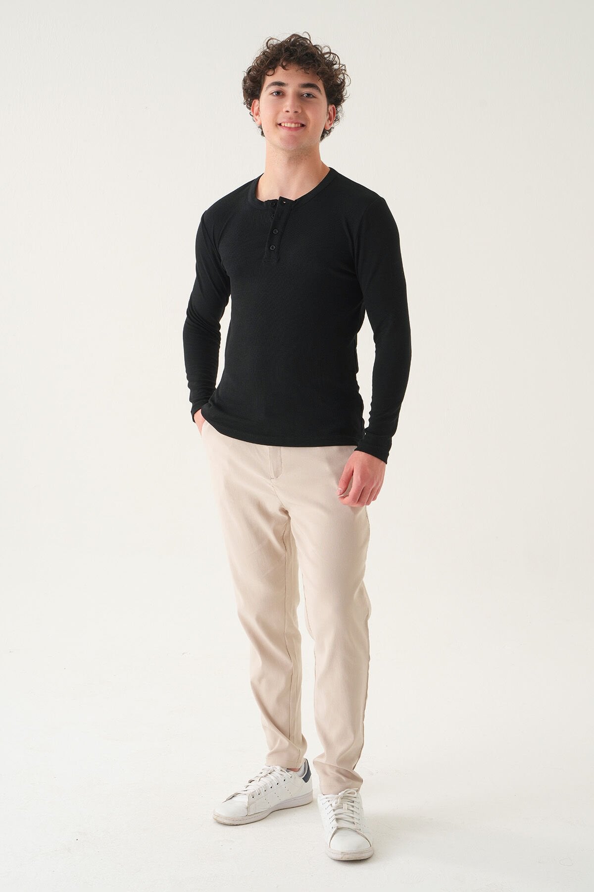 Regular Fit Penye T-shirt | Uzun Kollu Linen Kumaş Erkek Si̇yah - M