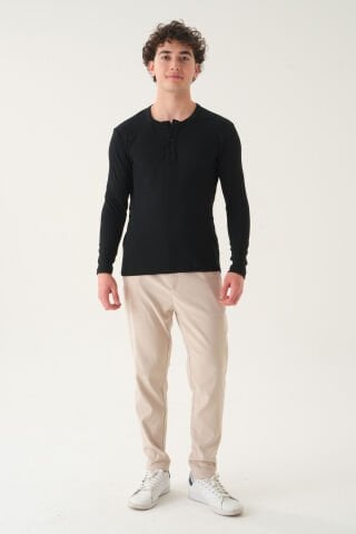 Regular Fit Penye T-shirt | Uzun Kollu Linen Kumaş Erkek Si̇yah - M
