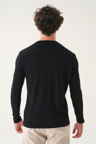 Regular Fit Penye T-shirt | Uzun Kollu Linen Kumaş Erkek Si̇yah - M