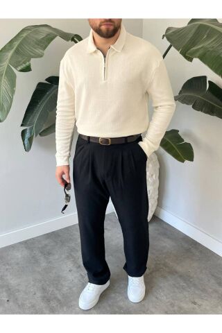 Erkek Polo Yaka Uzun Kollu Fermuarlı Hafif Bol Triko Sweatshirt Beyaz - XL