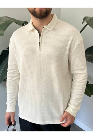 Erkek Polo Yaka Uzun Kollu Fermuarlı Hafif Bol Triko Sweatshirt Beyaz - XL