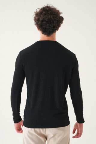 Regular Fit Penye T-shirt | Uzun Kollu Linen Kumaş Erkek Si̇yah - L