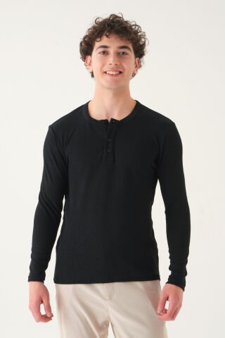 Regular Fit Penye T-shirt | Uzun Kollu Linen Kumaş Erkek Si̇yah - XL