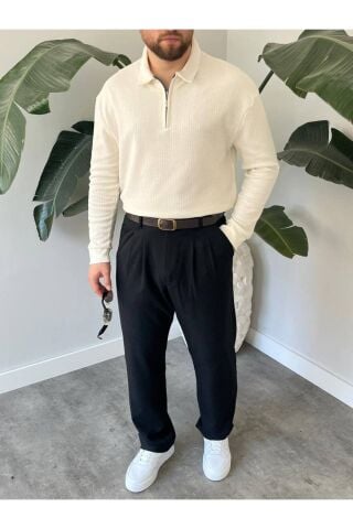 Erkek Polo Yaka Uzun Kollu Fermuarlı Hafif Bol Triko Sweatshirt Beyaz - S