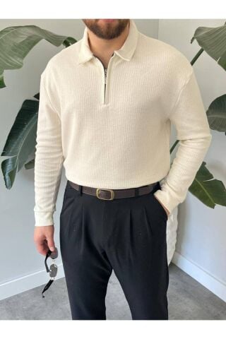 Erkek Polo Yaka Uzun Kollu Fermuarlı Hafif Bol Triko Sweatshirt Beyaz - S