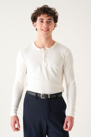 Regular Fit Penye T-shirt | Uzun Kollu Linen Kumaş Erkek Beyaz - M