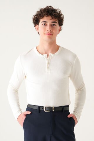 Regular Fit Penye T-shirt | Uzun Kollu Linen Kumaş Erkek Beyaz - M