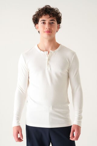 Regular Fit Penye T-shirt | Uzun Kollu Linen Kumaş Erkek Beyaz - M