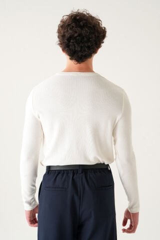 Regular Fit Penye T-shirt | Uzun Kollu Linen Kumaş Erkek Beyaz - XL