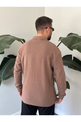 Erkek Polo Yaka Uzun Kollu Fermuarlı Hafif Bol Triko Sweatshirt Kahverengi - 2XL