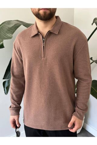 Erkek Polo Yaka Uzun Kollu Fermuarlı Hafif Bol Triko Sweatshirt Kahverengi - 2XL