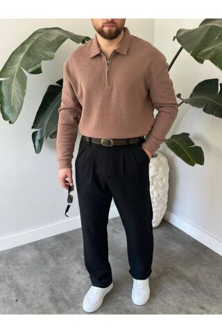 Erkek Polo Yaka Uzun Kollu Fermuarlı Hafif Bol Triko Sweatshirt Kahverengi - 2XL